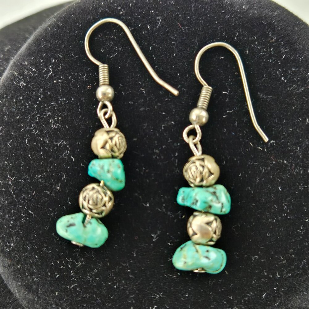 Turquoise Chip Dangle Drop Earrings with metal rose beads